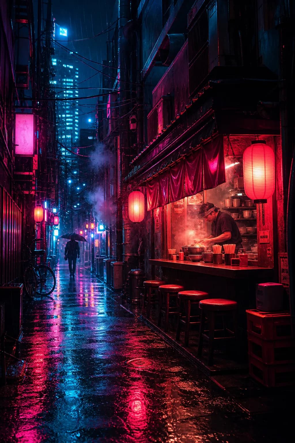 Neon-lit ramen shop in a rainy alley at night with reflections on wet pavement