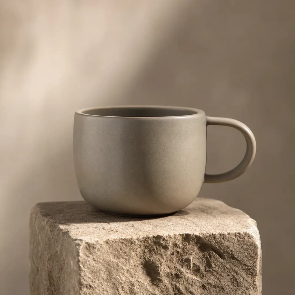 Matte ceramic coffee cup on a stone pedestal in soft studio light